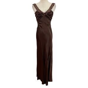 Vtg 90s Zum Zum brown satin dress sequin straps evening gown ruched low back 3/4